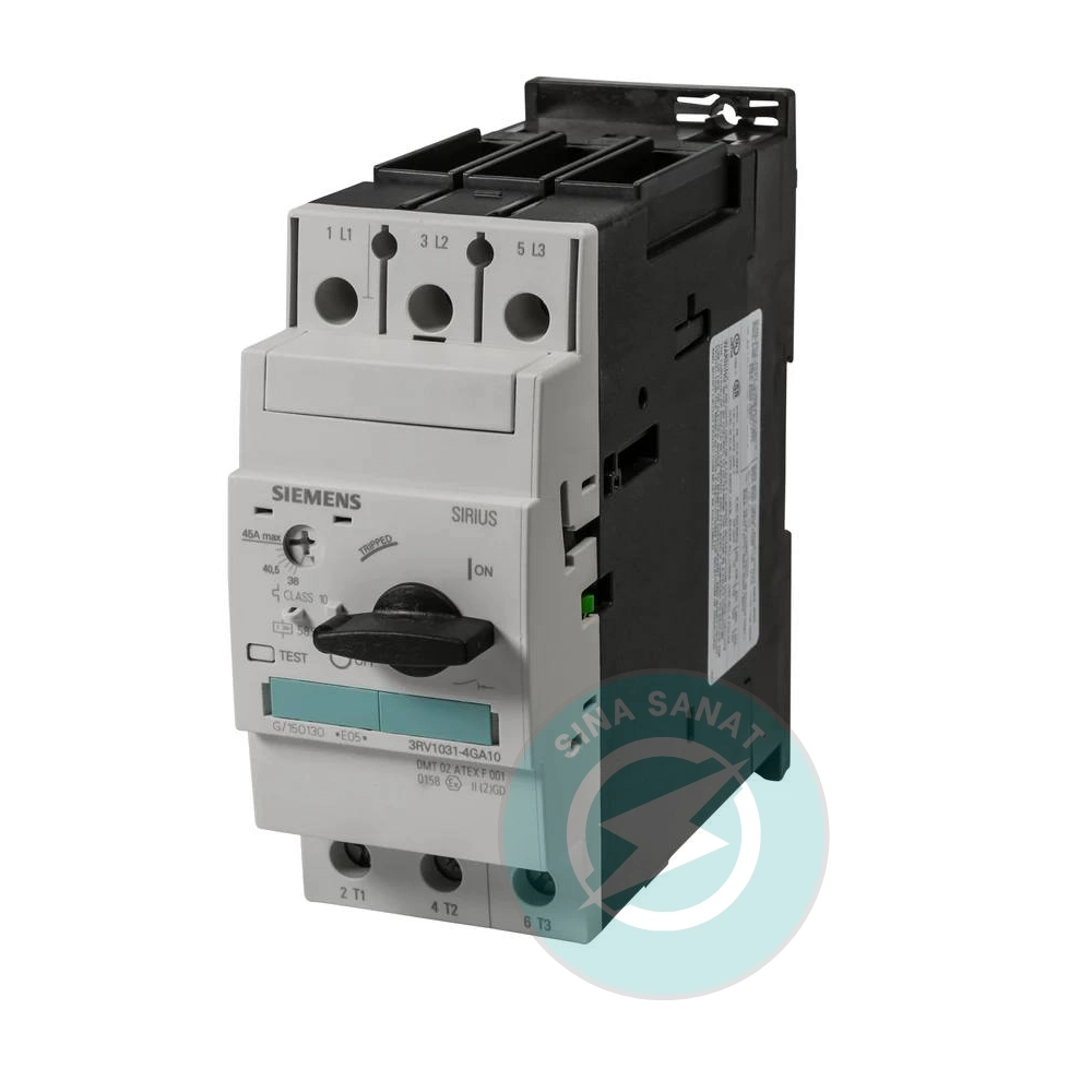 siemens-3rv1031-4ga10-circuit-breaker.webp کلید حرارتی زیمنس 3RV1031-4GA10 (36 تا 45 آمپر، 22 کیلووات، کلاس 10) - تصویر 1